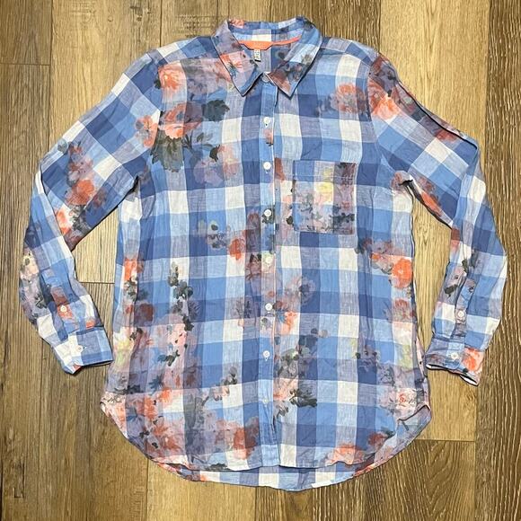 Joules 100% Linen Plaid Floral Print Button Down Shirt Size US 8 Blue Preppy - Picture 2 of 8